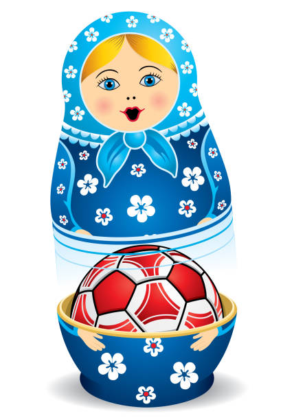 синий матрешка открытия с красным футбольным мячом внутри него на белом фоне. кукла матрешка, также известная как русская гнездовая кукла, � - wood toy babushka isolated on white stock illustrations