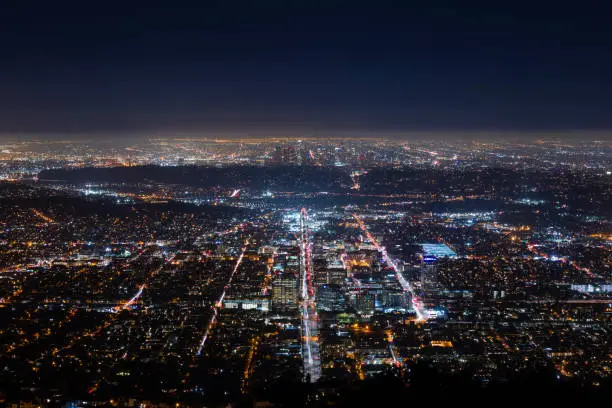 High angle view of Downtown Los Angeles and the Glendale grid at night