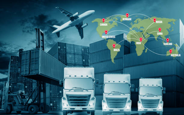 istock Truck with cargo container and map global partner connection 948369790