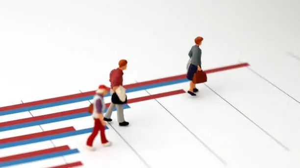 The concept of the widening income gap between people. Three miniature people walking on a bar graph.