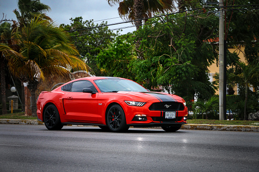 Cancun, Mexico - June 3, 2017: Sportscar Ford Mustang in the city street.