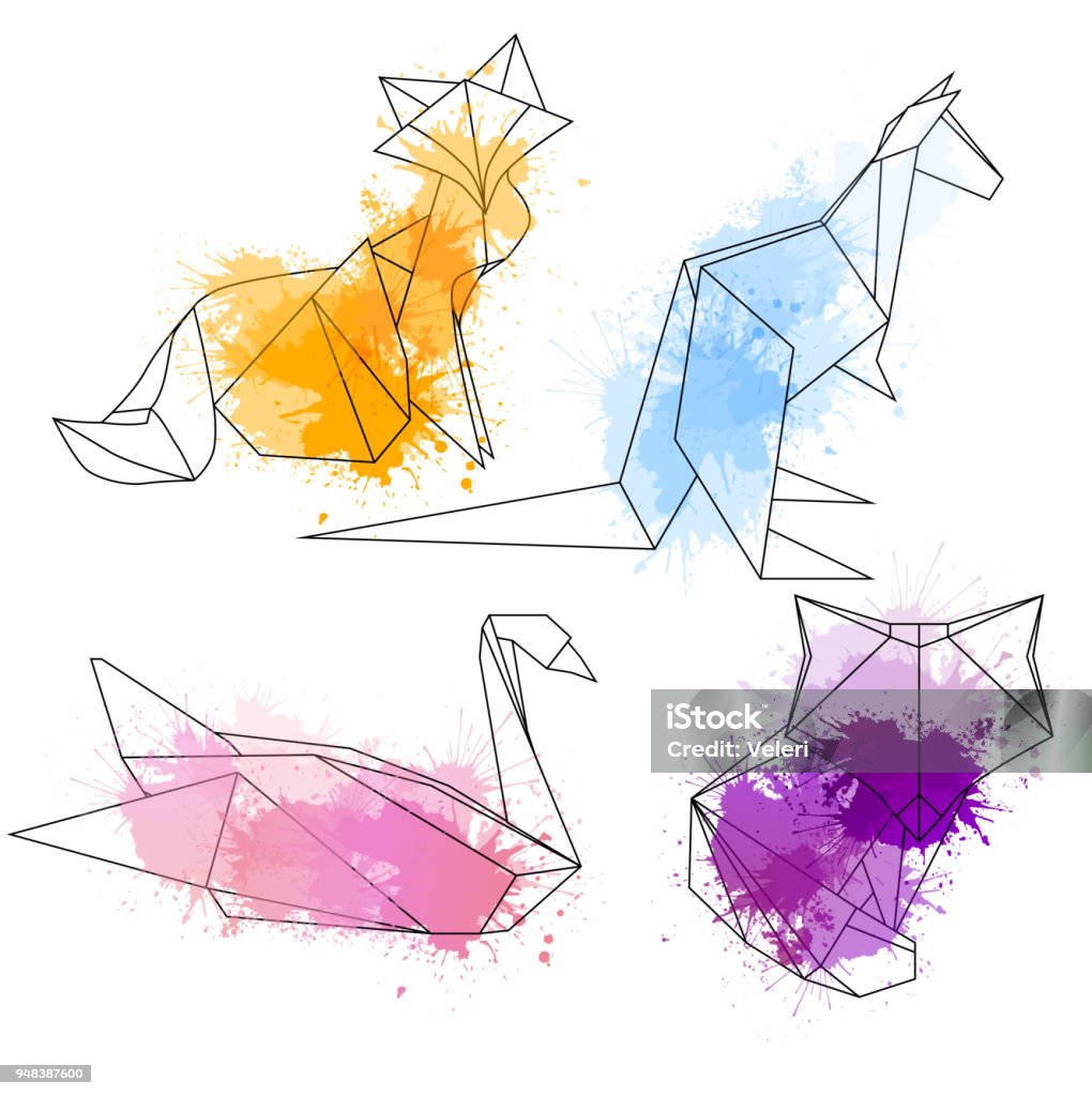 Set of polygonal contour animals with watercolor splashes. Set of polygonal contour animals with watercolor splashes. Vector elements for your design Fox stock vector