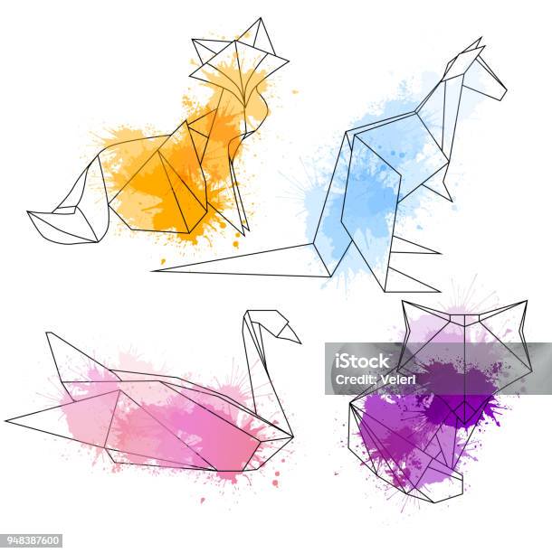 Set Of Polygonal Contour Animals With Watercolor Splashes Stock Illustration - Download Image Now