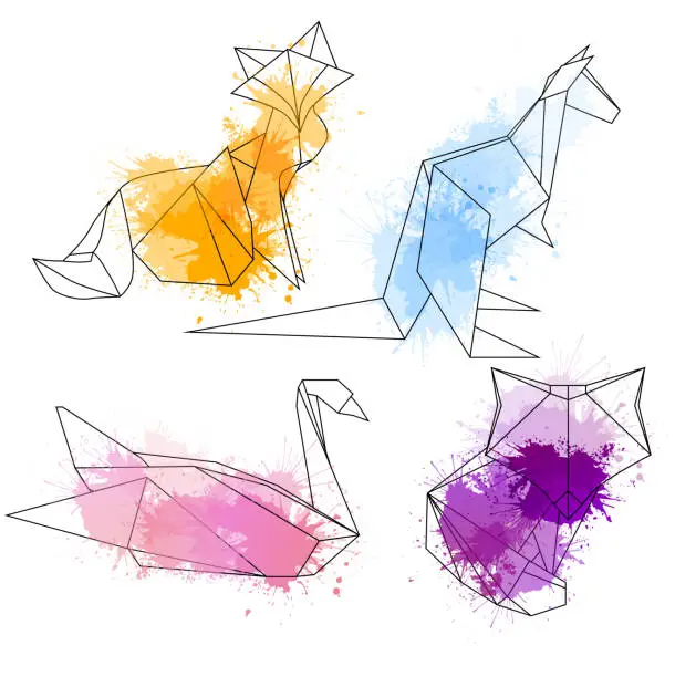 Vector illustration of Set of polygonal contour animals with watercolor splashes.
