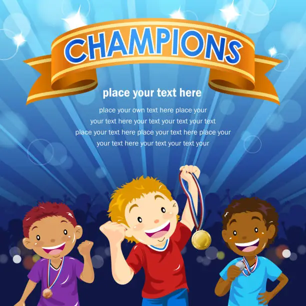 Vector illustration of Boy Champions With Medals