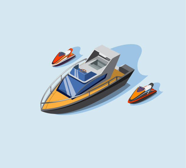 ilustrações de stock, clip art, desenhos animados e ícones de yacht club, painted speedboat and watercraft, water sports, vacation at sea, vector illustration. isometric design - cruise travel beach bay