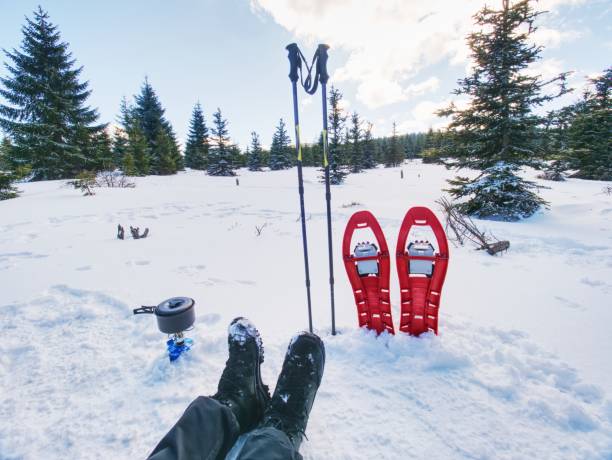 istock Resting in tent while winter hiking. View from the inside of the tent 948404352