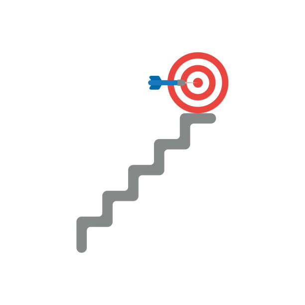 vektor-symbol-konzept der pfeil in der mitte des bullseye am oberen ende der treppe - der nächste schritt stock-grafiken, -clipart, -cartoons und -symbole