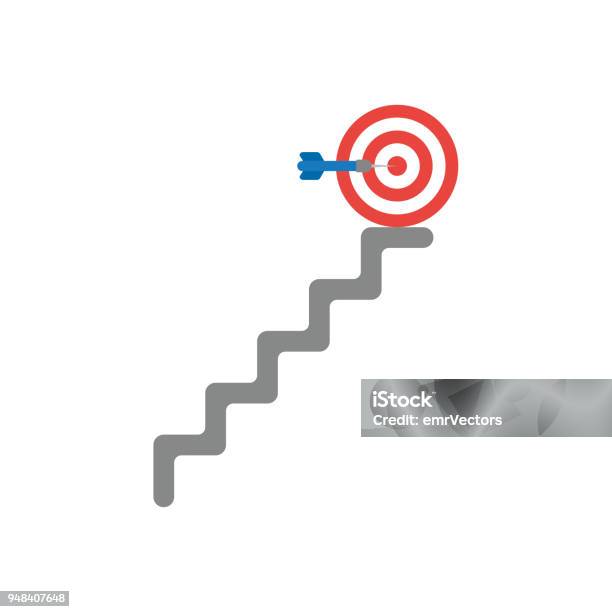 Vector Icon Concept Of Dart In The Center Of Bulls Eye At Top Of The Stairs Stock Illustration - Download Image Now
