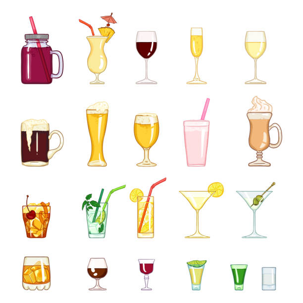 ilustrações de stock, clip art, desenhos animados e ícones de vector cartoon set of alcohol, soft drinks and cocktails. - mug shot