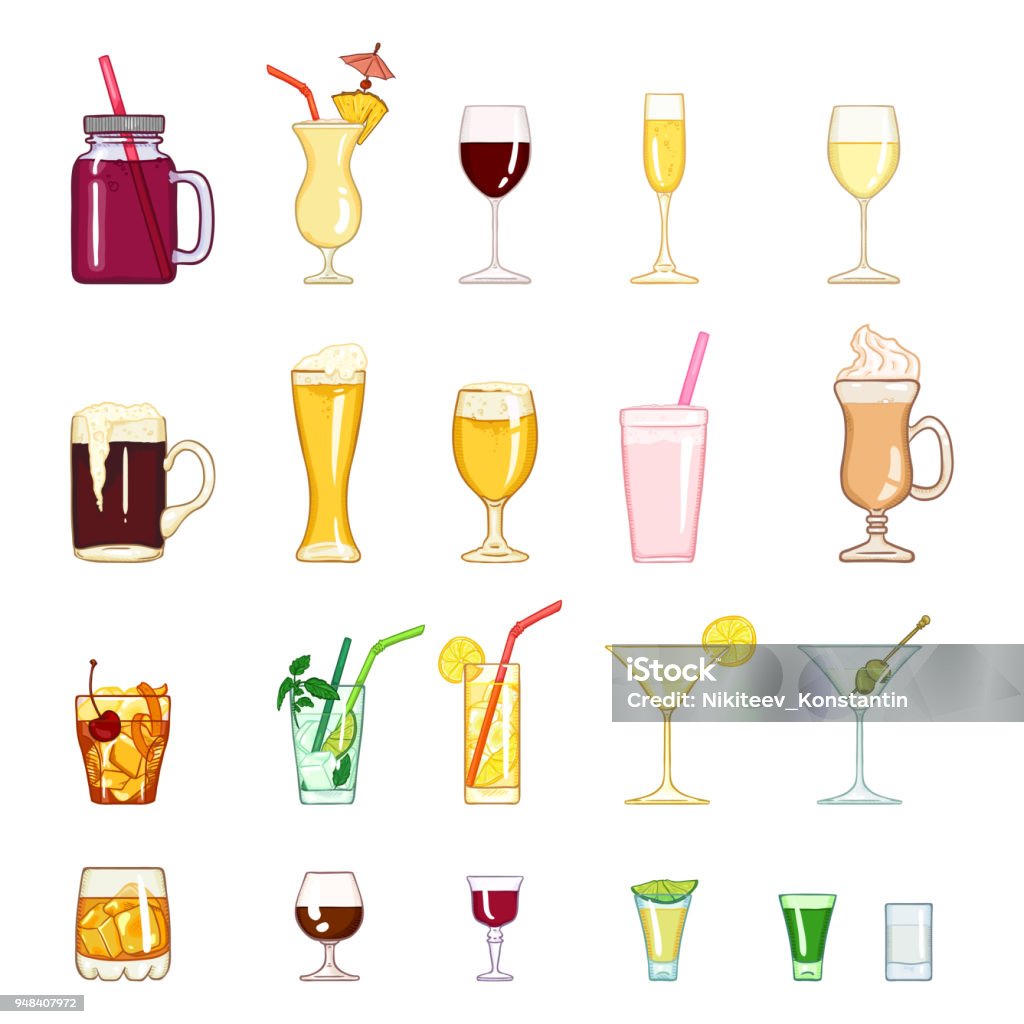 Vector Cartoon Set Of Alcohol Soft Drinks And Cocktails Stock Illustration  - Download Image Now - iStock