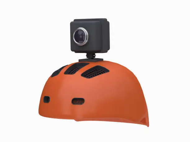 3d action camera on orange helmet white background 3d rendering