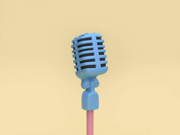3d blue microphone cartoon style soft yellow minimal background 3d rendering
