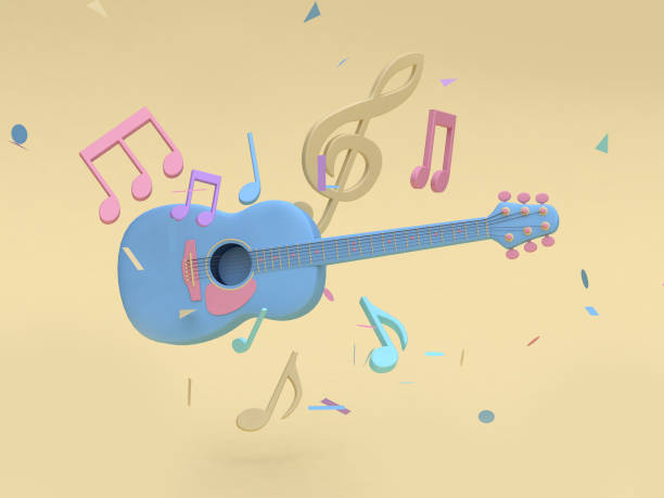 istock 3d blue guitar with many music note,key sol cartoon style soft yellow minimal background 3d rendering 948413102