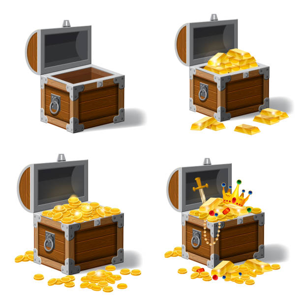 ilustrações de stock, clip art, desenhos animados e ícones de set old pirate chests full of treasures, gold coins, ingots, jewelry, crown, dagger, vector, cartoon style, illustration, isolated. for games, advertising applications - trunk luggage old fashioned retro revival