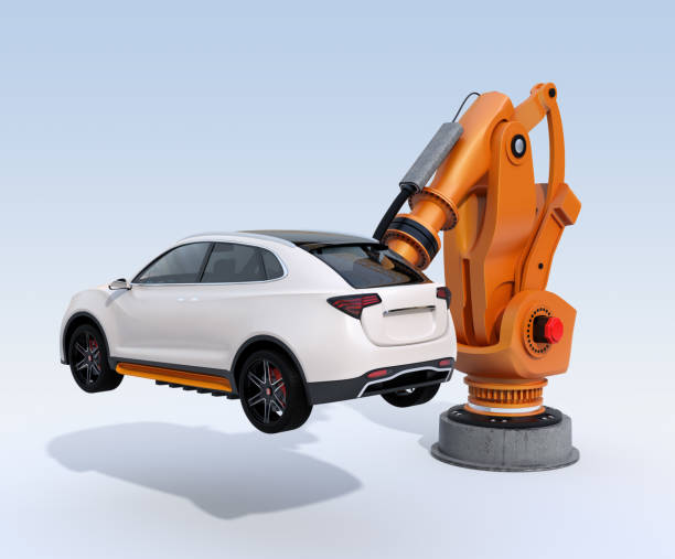 istock Orange heavyweight robotic arm delivering white SUV on light blue background 948417624