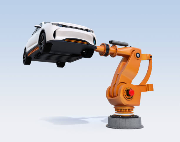 istock Orange heavyweight robotic arm delivering white SUV on light blue background 948417668