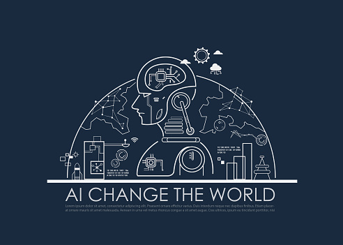 Artificial intelligence (AI) change the world half global concept, machine and deep learning, cloud computing, neural networks and printed circuit board (PCB). Vector line flat design to poster.