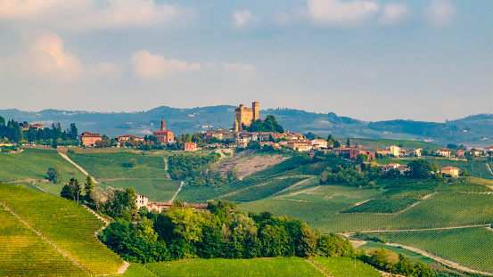 Serralunga d'Alba in the Langhe, a hilly area mostly based on vine cultivation and well known for the production of Barolo wine. Province of Cuneo, Piedmont, Italy
