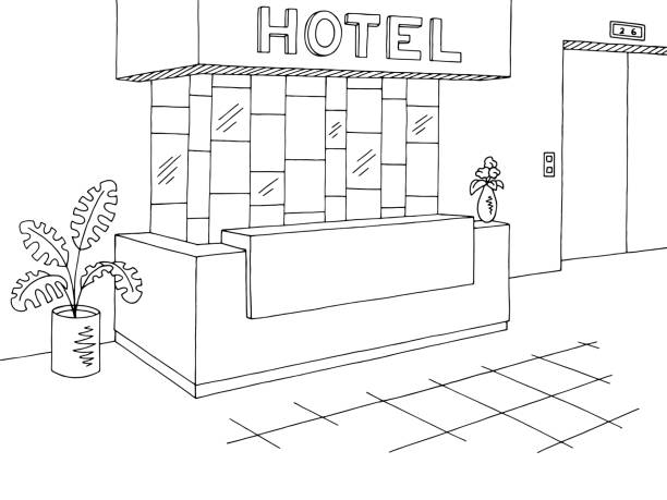 ilustraciones, imágenes clip art, dibujos animados e iconos de stock de vector de ilustración de hotel recepción vestíbulo interior gráfico dibujo blanco negro - hotel reception hotel lobby flower