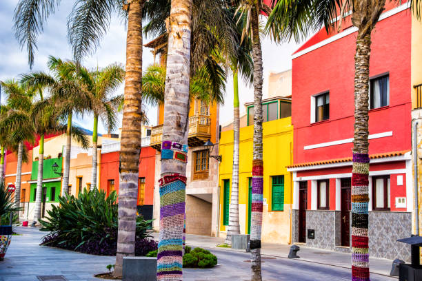 Colourful houses and palm trees on street in Puerto de la Cruz town, Tenerife, Canary Islands, Spain Colourful houses and palm trees on street in Puerto de la Cruz town, Tenerife, Canary Islands, Spain puerto de la cruz tenerife stock pictures, royalty-free photos & images