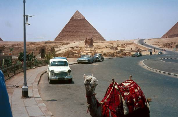 Al-Jazek, Cairo, Egypt, 1968. The plateau of Giza with the pyramids and the sphinx.