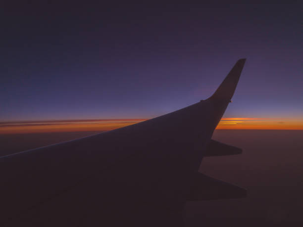 istock Silhouette of an airplane wing in sunset / sunrise time during flight. 948448714