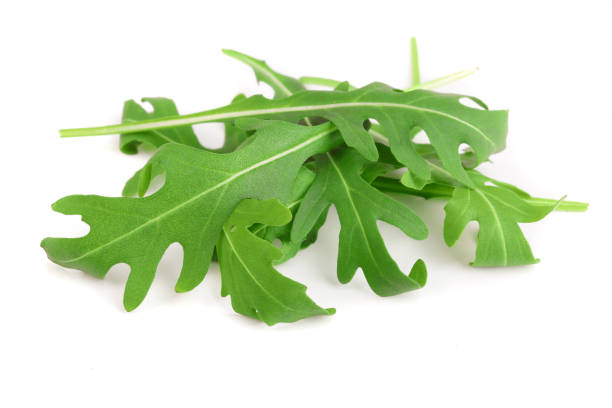istock Heap of Green fresh rucola or arugula leaf isolated on white background 948451244