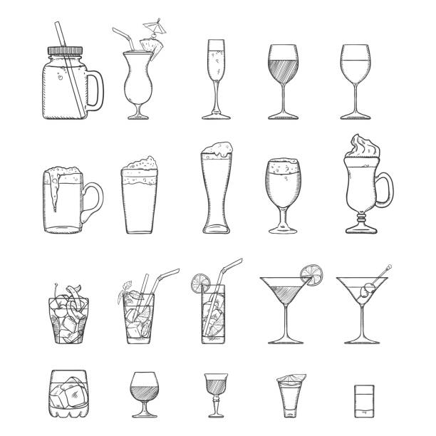 illustrazioni stock, clip art, cartoni animati e icone di tendenza di set di schizzi vettoriali di alcol, bevande analcoliche e cocktail. - bibita illustrazioni