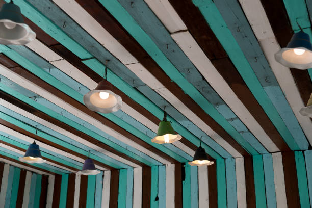 Ceiling lights hanging on vintage wood ceiling.