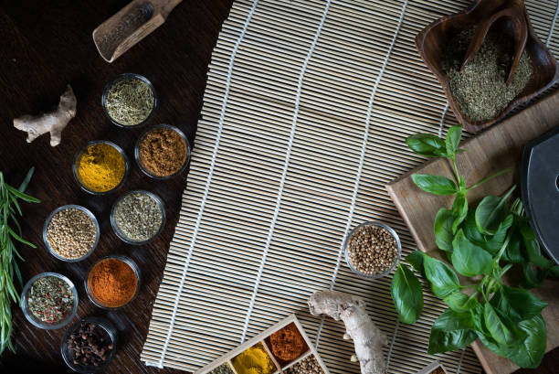istock Wooden table of colorful spices 948464746
