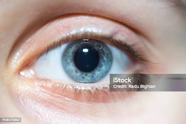 Photo libre de droit de Gros Plan De La Belle Femme Blue Eye Looking At Camera Avec Pupille Dilatée banque d'images et plus d'images libres de droit de Pupille