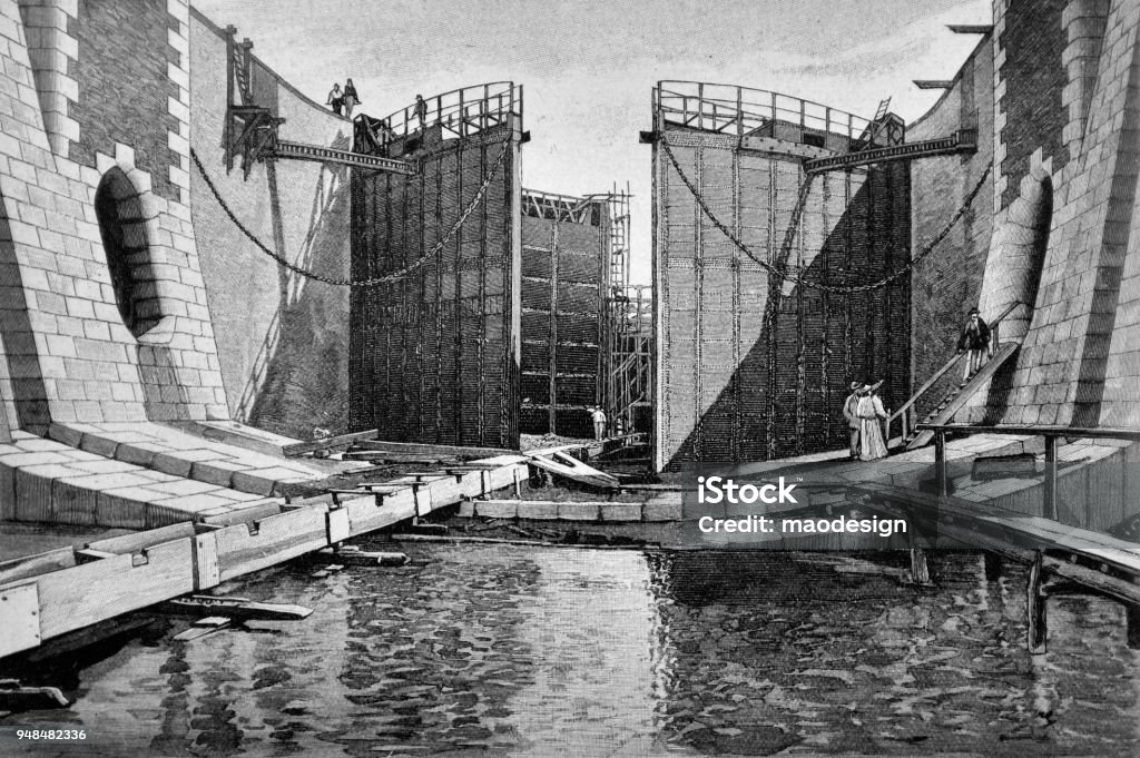 Scene of construction of a modern dam _ 1895 Dam stock illustration