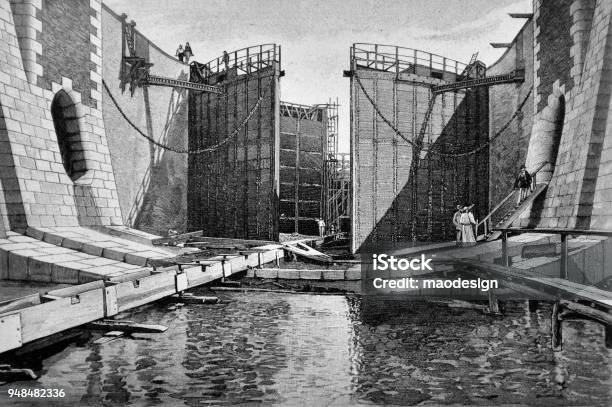 Scene Of Construction Of A Modern Dam 1895 Stock Illustration - Download Image Now - Dam, Construction Industry, Archival
