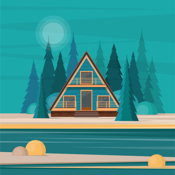 Nature landscape with secluded hut in the middle of fir forest a A-frame cabin house in the middle of fir forest on the lake. Flat vector illustration mountain borders stock illustrations