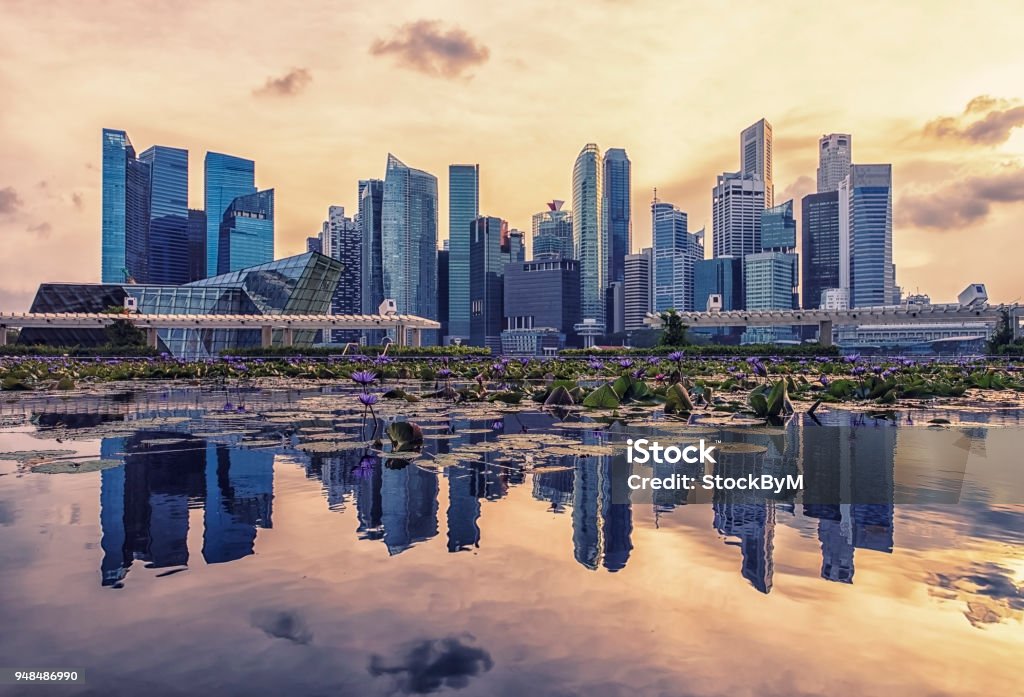 Singapore evening View of Marina Bay at sunset in Singapore City, Singapore Singapore Stock Photo