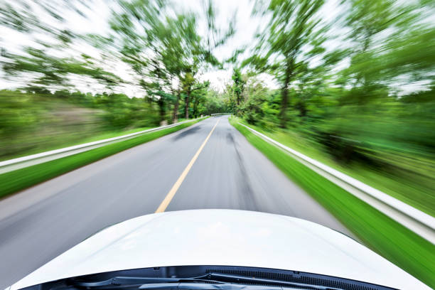 Car driving on the road in green forest