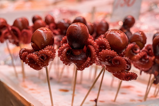 Fresh small Japanese octopus on sticks on display in the famous fresh seafood Kuromon Ichiba Market in Namba, Osaka, Japan.