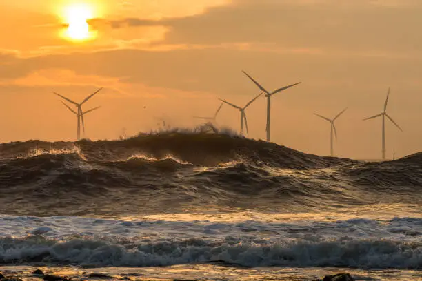 Wind turbines at sunrise off the North East coast