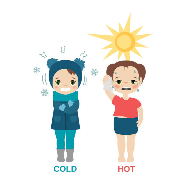 ilustraciones, imágenes clip art, dibujos animados e iconos de stock de chica caliente y fría. - computer graphic child snowflake vector
