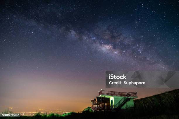 Night Landscape Mountain And Green Hut Milky Way Galaxy Background Thailand Long Exposure Low Light Stock Photo - Download Image Now