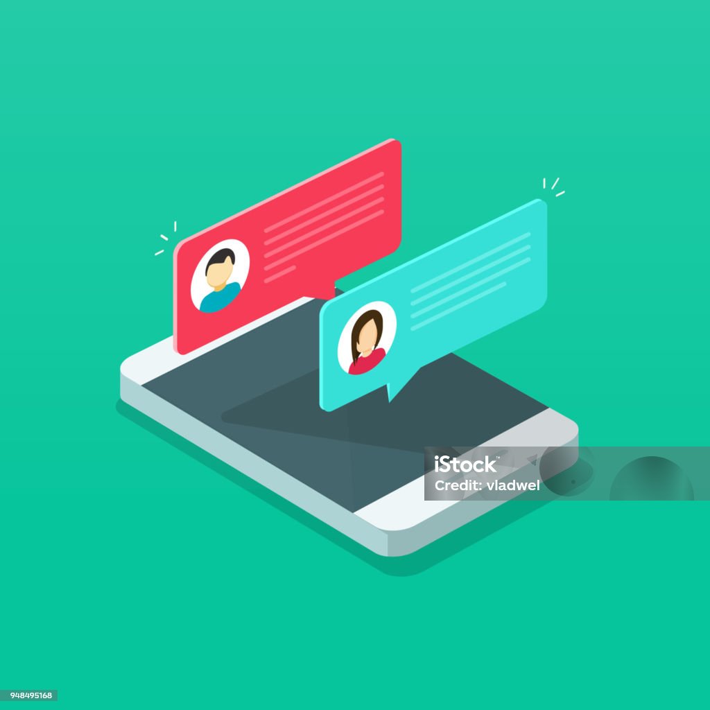 Notificação de mensagens de bate-papo sobre ilustração vetorial de smartphone, bolhas de sms isométrica plana dos desenhos animados na tela do telefone móvel, pessoa homem conversando celular com mulher, 3d isolado - Vetor de Projeção isométrica royalty-free