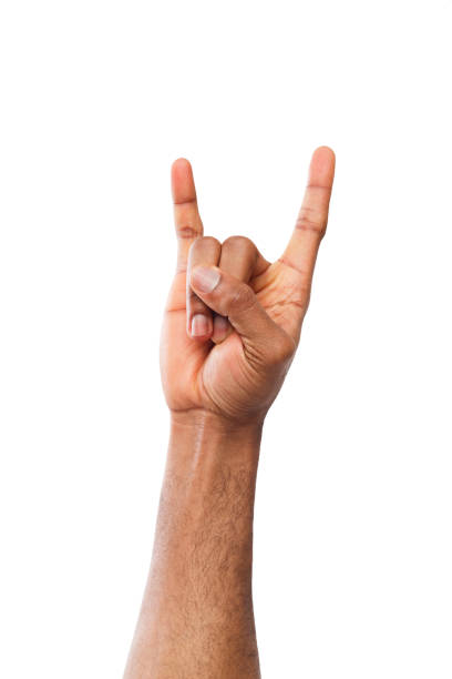 istock Male black hand making rock'n'roll gesture isolated on white 948499852