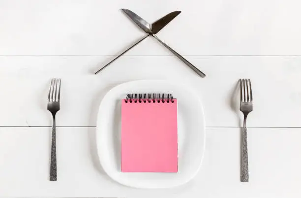 Concept - stop eating. On an empty plate, the clean sheet of paper lies. Template. Nearby kitchen knives cross and two forks.