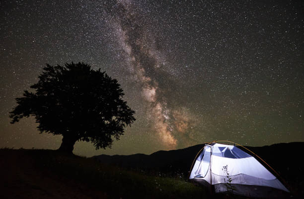 istock Illuminated tent at night under starry sky with Milky way in mountains 948512548