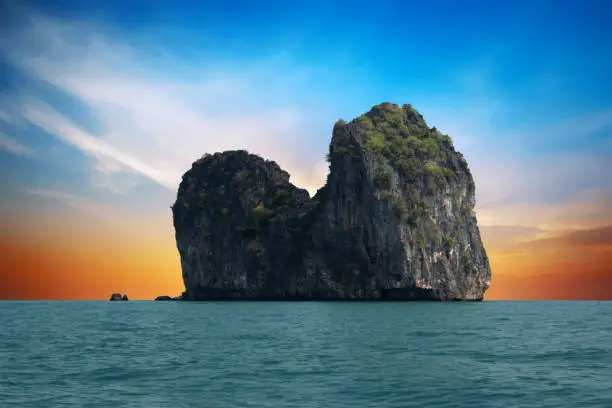 Photo of Ko Ma island, in front of Ko Ngai at sunset. Ko Lanta, Thailand.