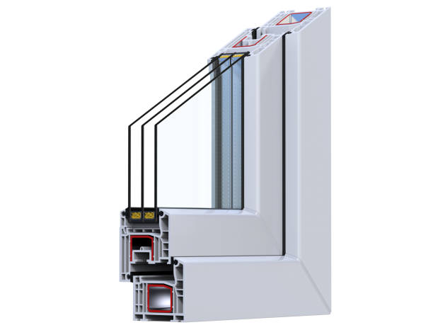 istock Double glazing cutaway to show the inner profile. Cross section through a window PVC profile. 3D render, isolated on white background. 948523612