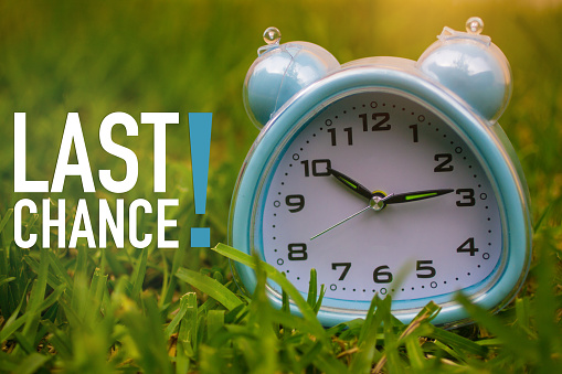 Last Chance, Business Concept - text showing Last Chance with a clock on grass
