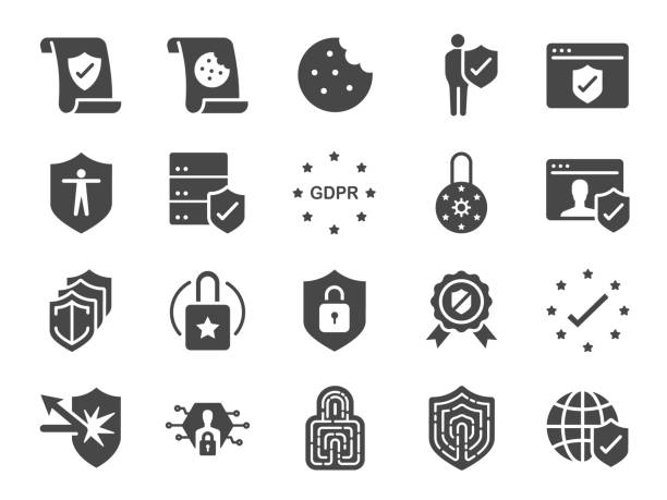 개인 정보 보호 정책 아이콘 세트입니다. 보안 정보, gdpr, 데이터 보호, 방패, 쿠키 정책, 준수, 개인 데이터, 자물쇠 등으로 아이콘 포함 - 금고 보안 장비 stock illustrations