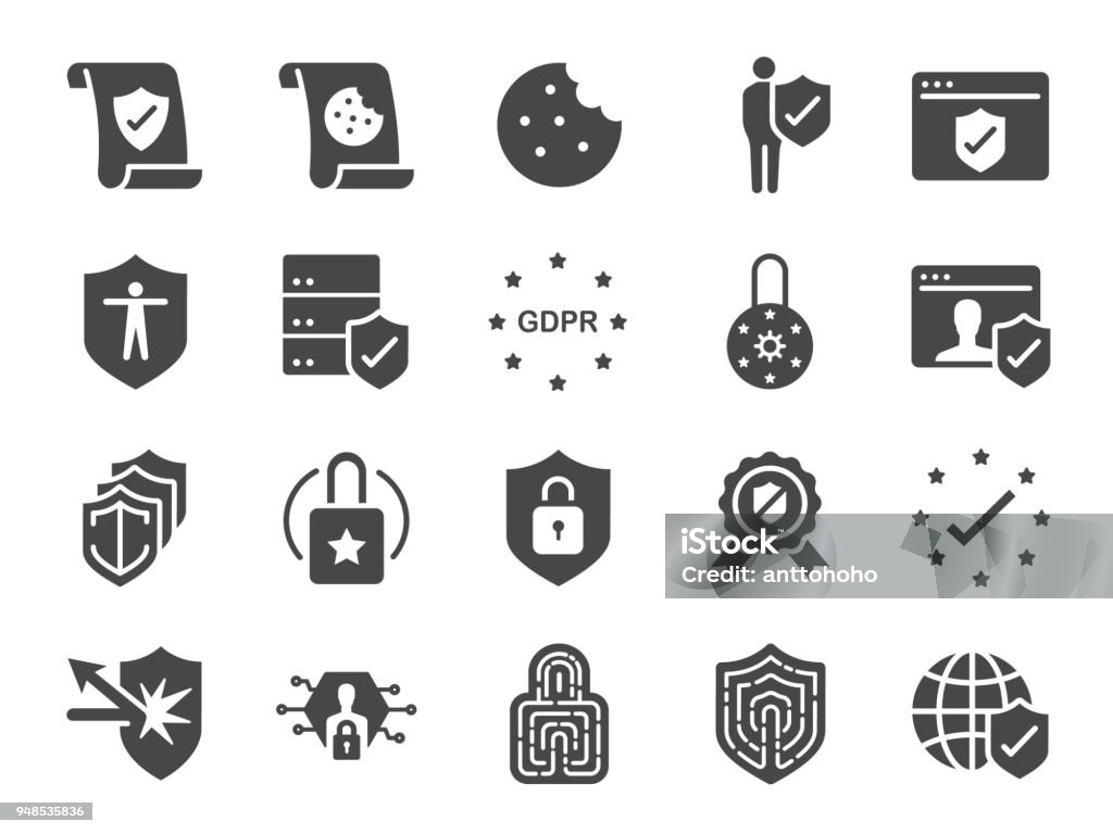 Privacy policy icon set. Included the icons as security information, GDPR, data protection, shield, cookies policy, compliant, personal data, padlock and more Icon Symbol stock vector